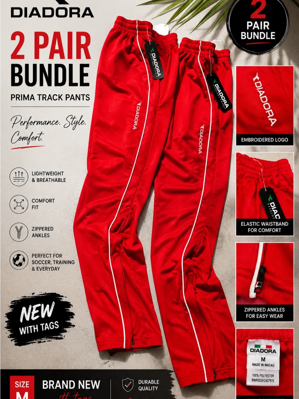 Diadora Red Track Pants with White Piping - 2 Pair Bundle